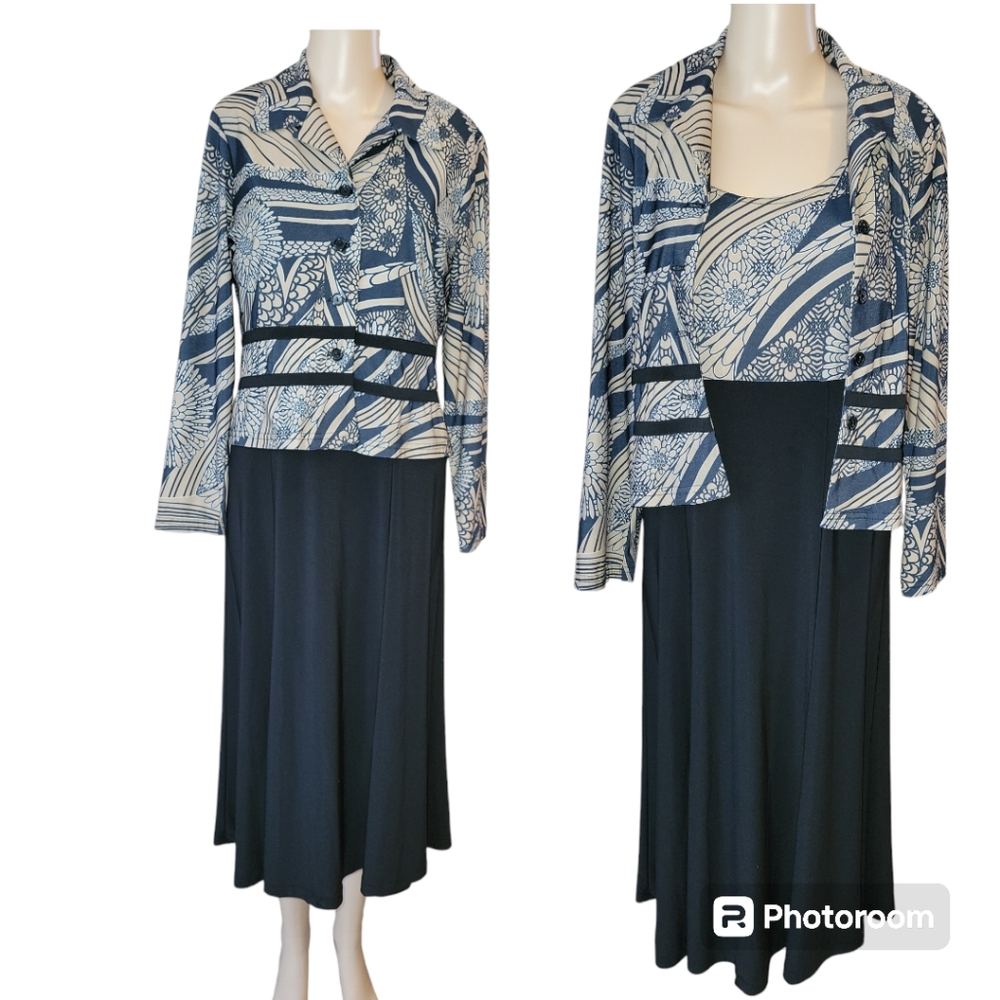 R & M Richards Petite women's jacket dress set, 10P, Black/Tan, GUC
